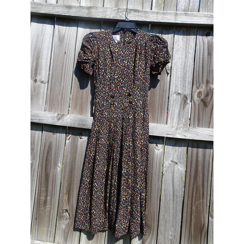 Vtg  Karin Stevens Petites 4P Black Ditsy Floral Midi Dress 90s Cottagecore